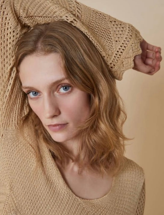 PennyBlack Gold Silk Crochet V-Neck Knit