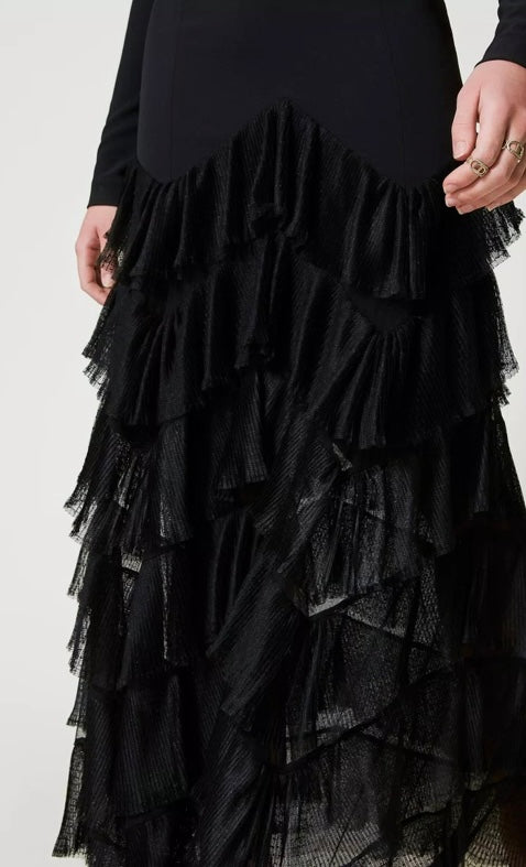 Twinset Milano Long Black Dress with Lace Flounce Frill Botton