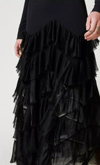 Twinset Milano Long Black Dress with Lace Flounce Frill Botton
