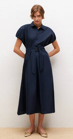 Beatrice B Navy Poplin Cotton Flared Dress