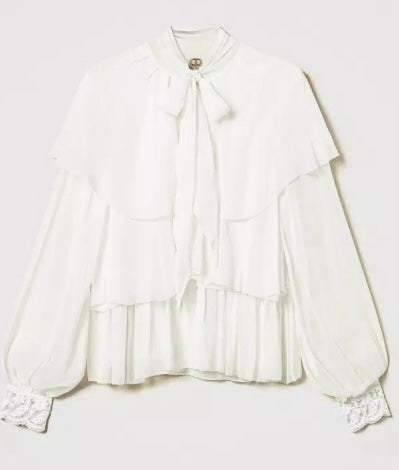Twinset Milano Snow White Georgette Blouse with Frill & Lace