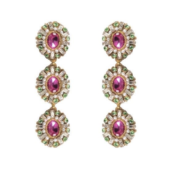 St. Erasmus Triple Crystal Claudia Earrings in Pink & Green