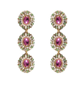 St. Erasmus Triple Crystal Claudia Earrings in Pink & Green
