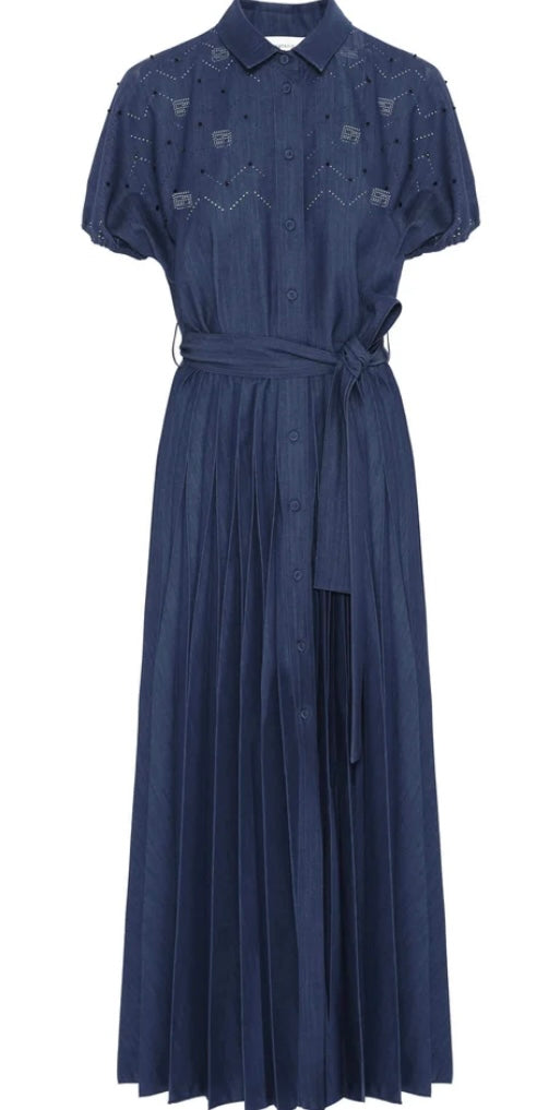 Beatrice B Indigo Peated & Hand Embroidered Denim Dress