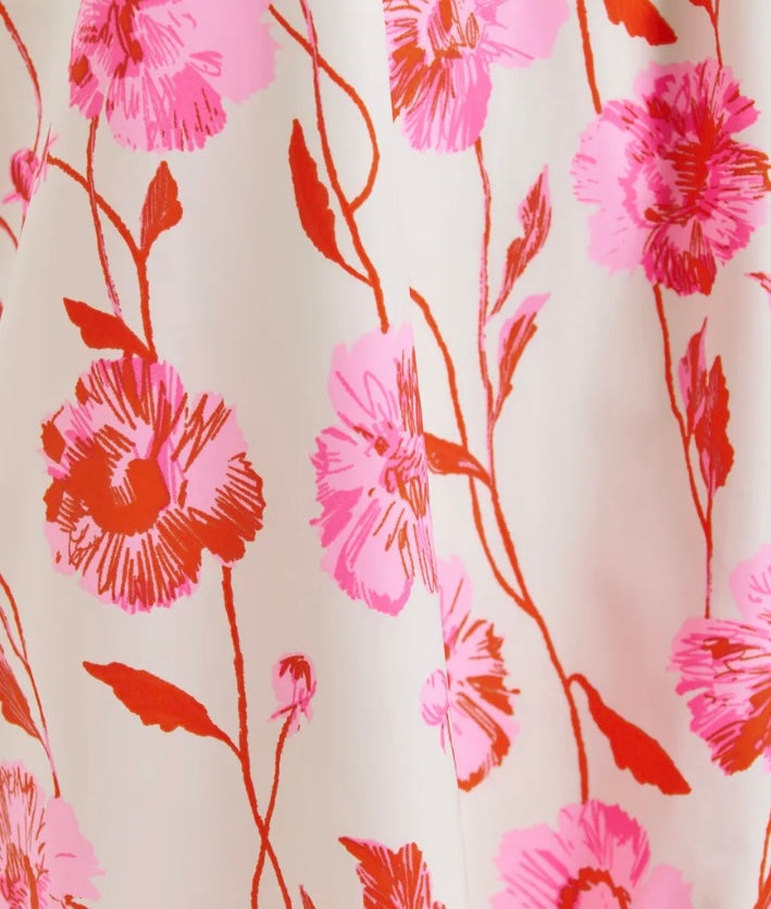 Essentiel Antwerp Pink /  Red / Orange Floral Shift Dress with puffball Frill Hemline