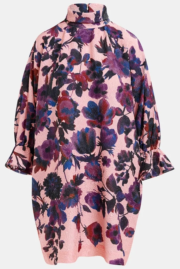 Essentiel Antwerp Light Pink , Navy & Purple Floral Print Mini Dress with High Collar