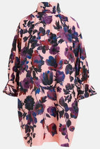 Essentiel Antwerp Light Pink , Navy & Purple Floral Print Mini Dress with High Collar
