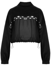 Load image into Gallery viewer, Beatrice B Black Bomber Jacket with Georgette Back &amp; Lace
