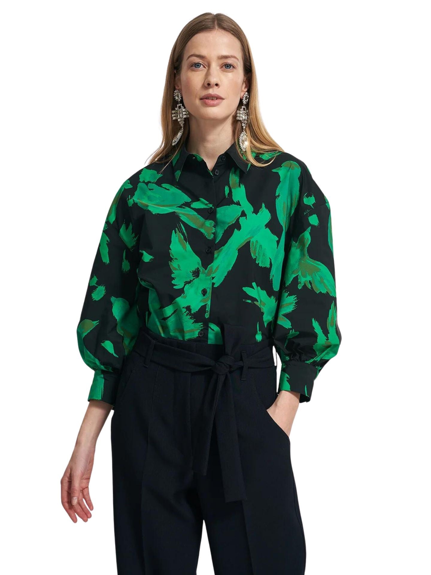 Essentiel Antwerp Black & Green Taffeta Puffed Sleeved Shirt