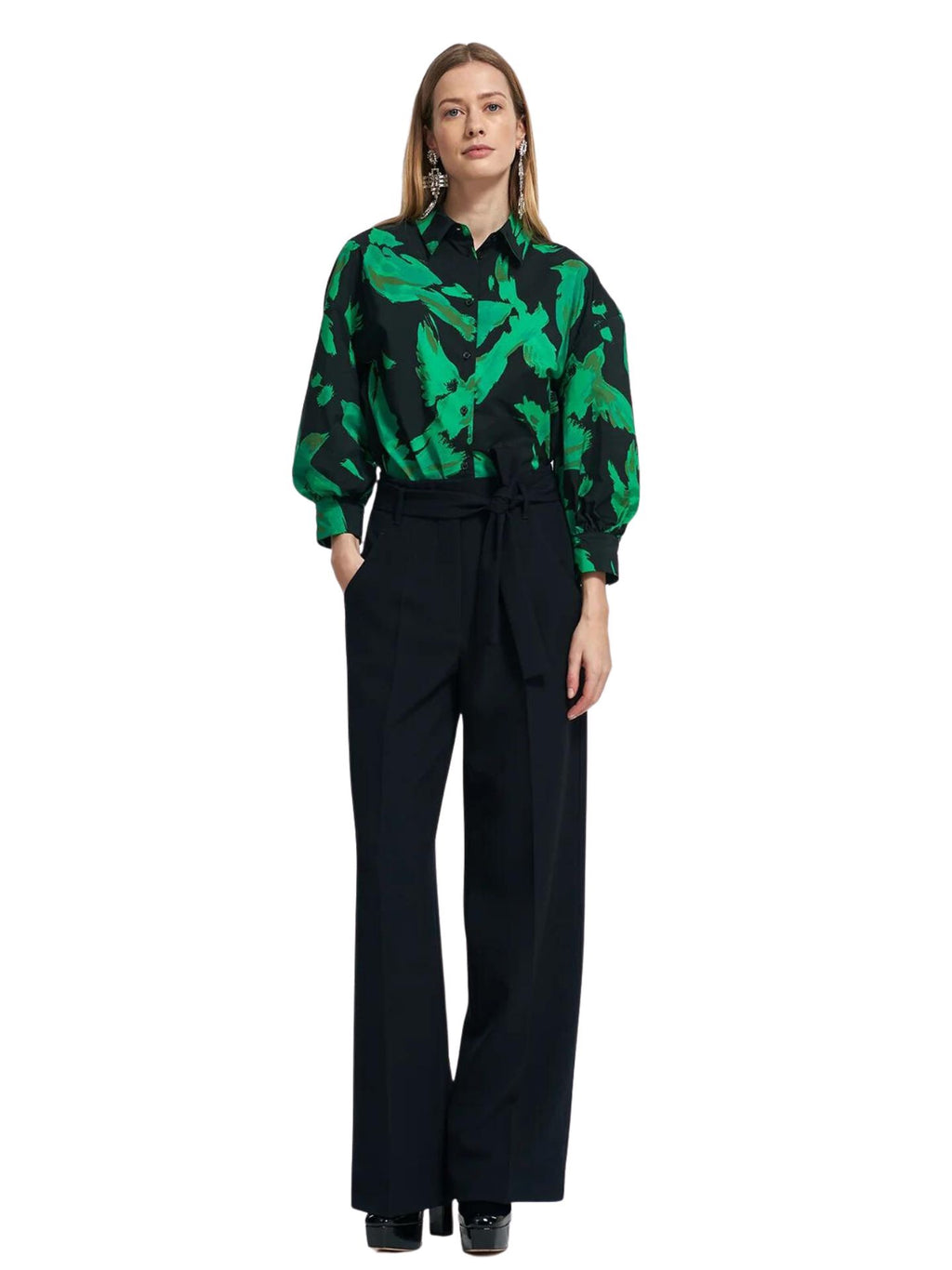 Essentiel Antwerp Black & Green Taffeta Puffed Sleeved Shirt