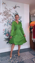 Load and play video in Gallery viewer, Beatrice B Kiwi Green satin Silk Dress
