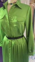 Load and play video in Gallery viewer, Beatrice B Kiwi Green Satin Pleated Midi Shirt Dress

