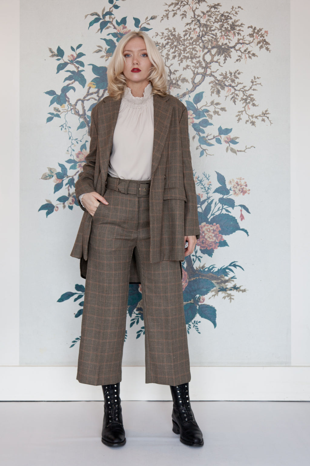 Beatrice B Stone Silk Ruched High Neck Blouse