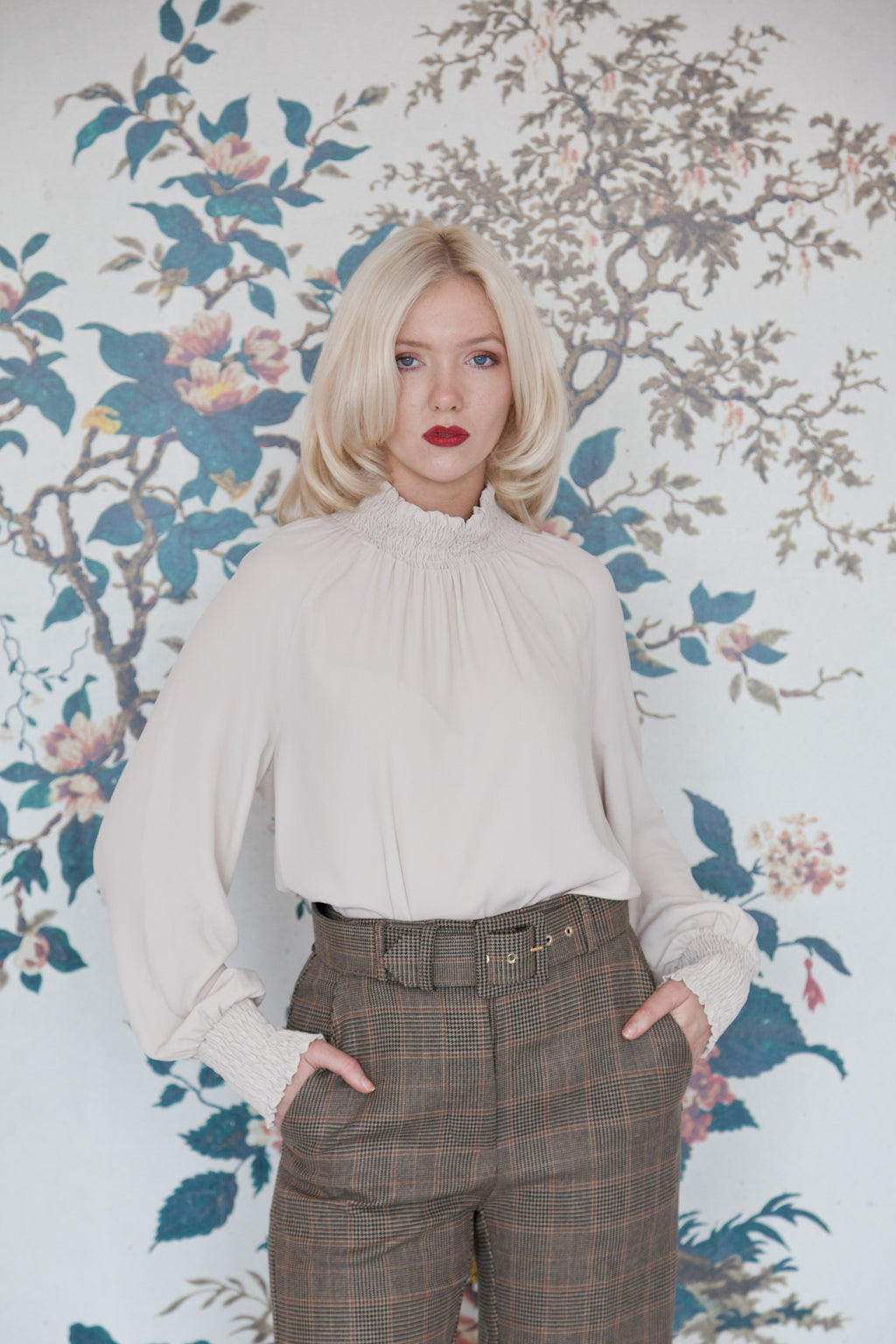 Beatrice B Stone Silk Ruched High Neck Blouse