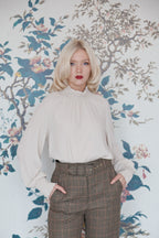 Beatrice B Stone Silk Ruched High Neck Blouse