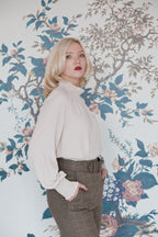 Beatrice B Stone Silk Ruched High Neck Blouse