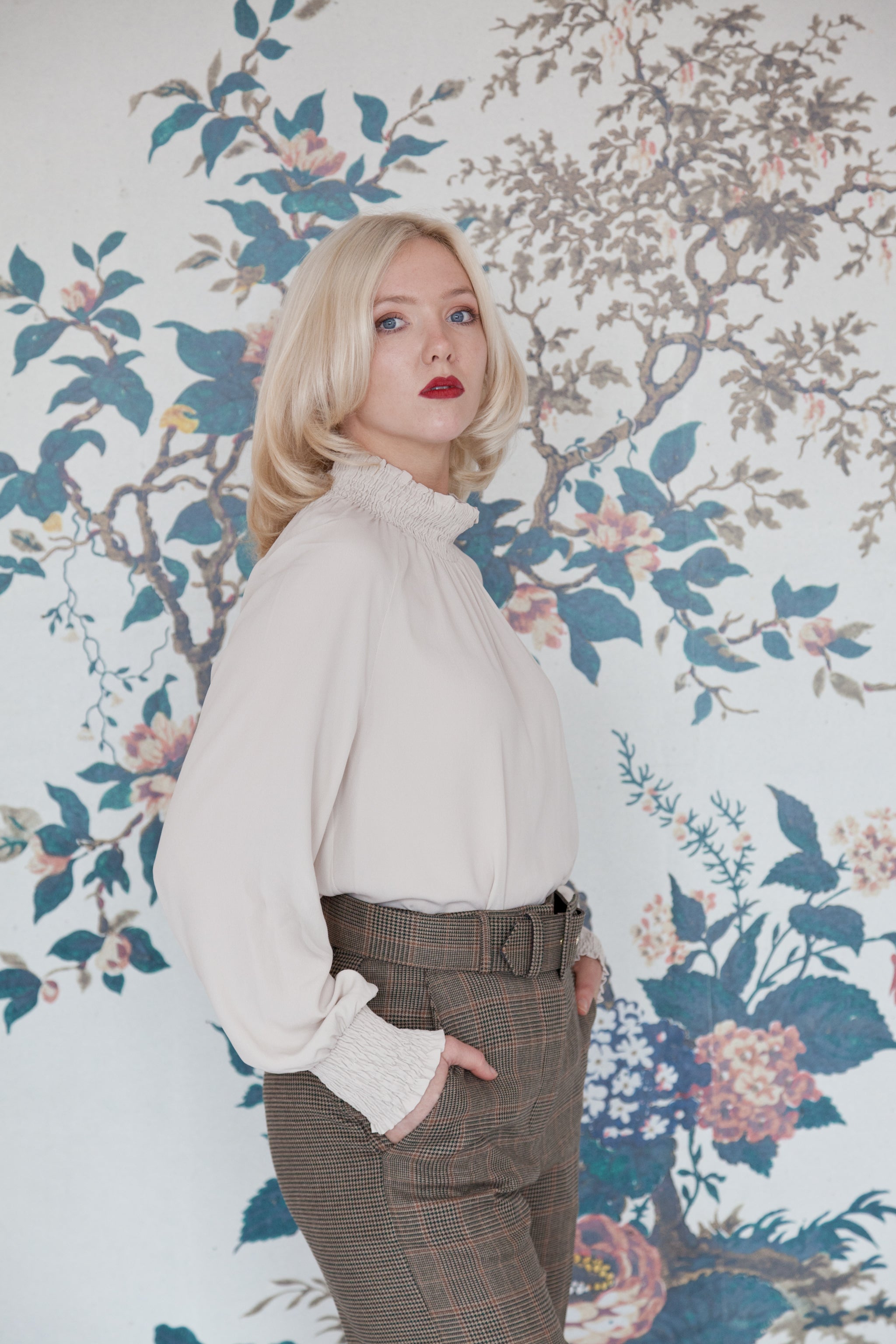 Beatrice B Stone Silk Ruched High Neck Blouse