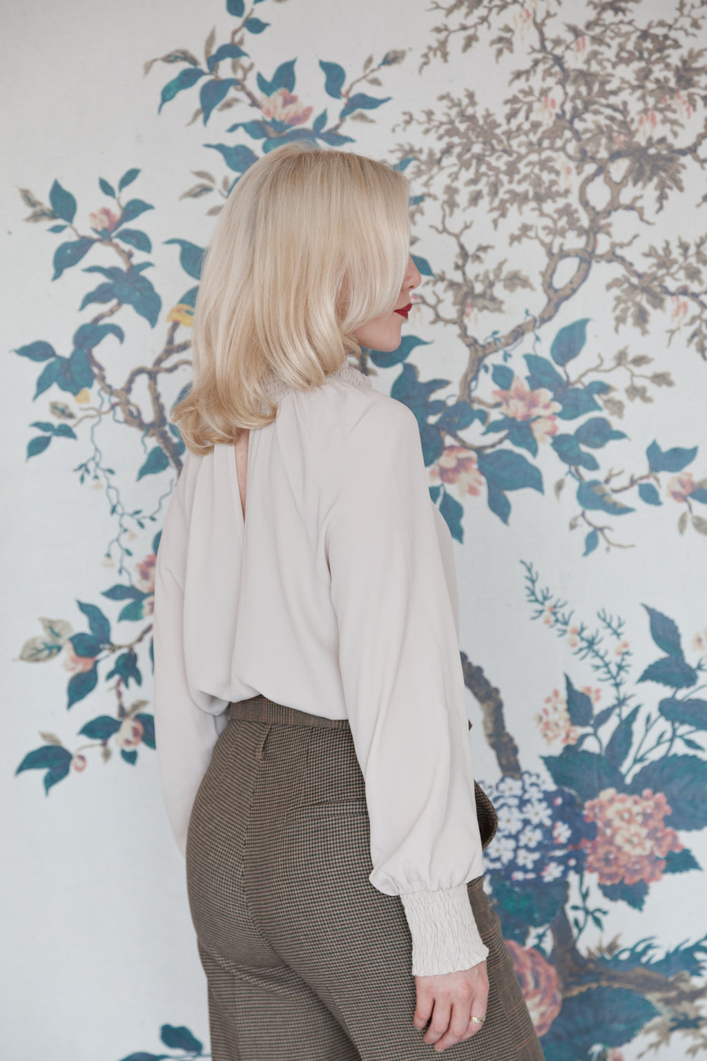 Beatrice B Stone Silk Ruched High Neck Blouse