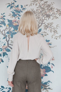 Beatrice B Stone Silk Ruched High Neck Blouse