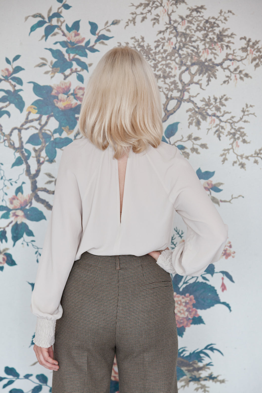 Beatrice B Stone Silk Ruched High Neck Blouse