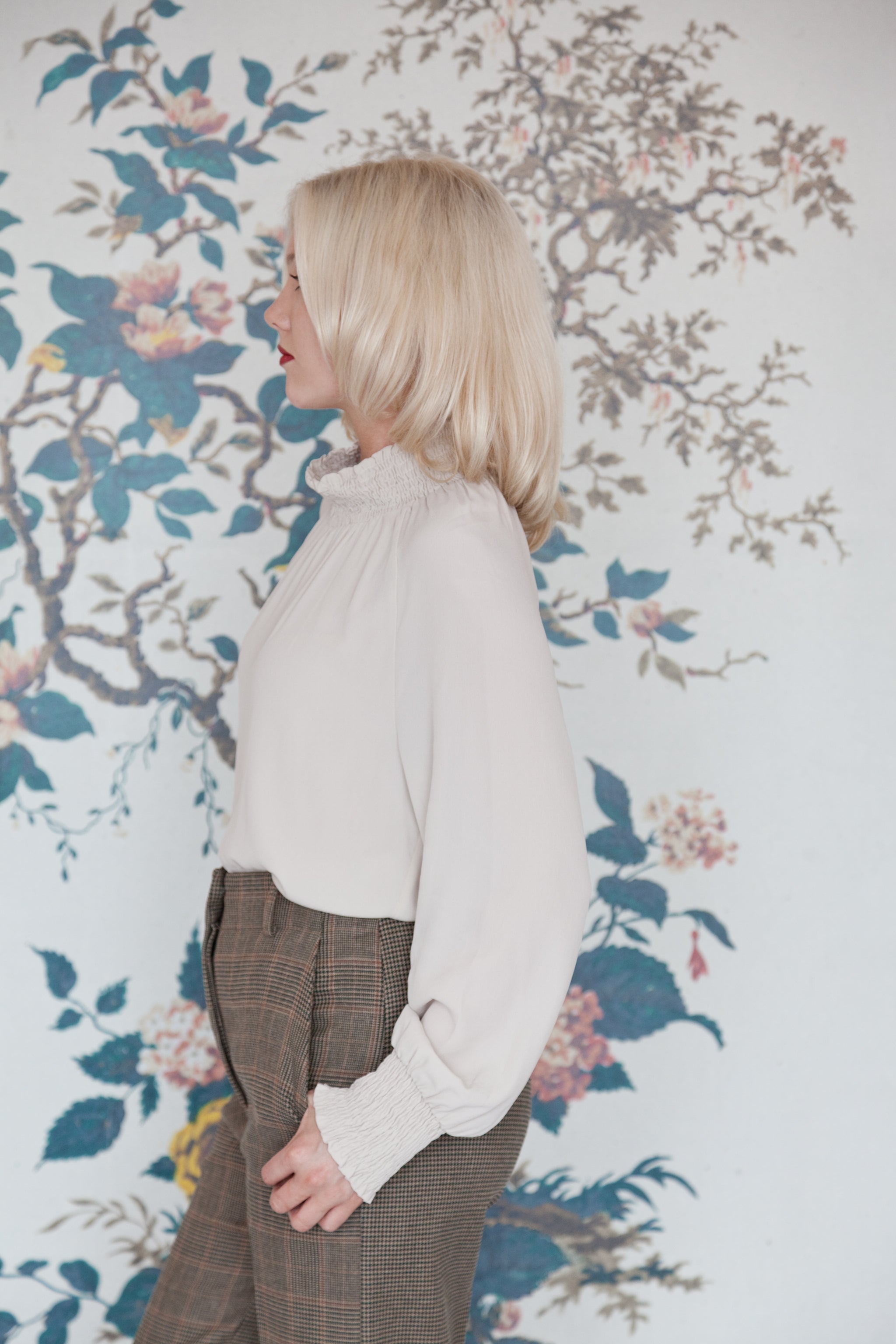 Beatrice B Stone Silk Ruched High Neck Blouse