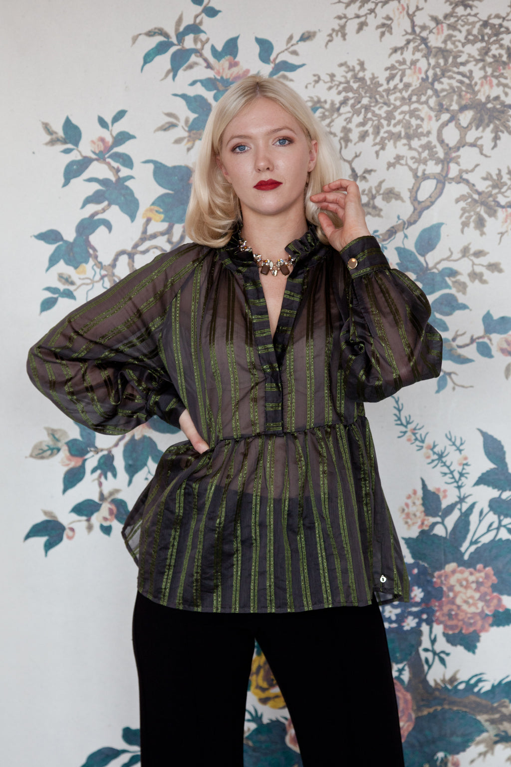 Ottodame Blouse with Ruffle and  Green Lurex