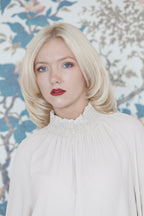 Beatrice B Stone Silk Ruched High Neck Blouse