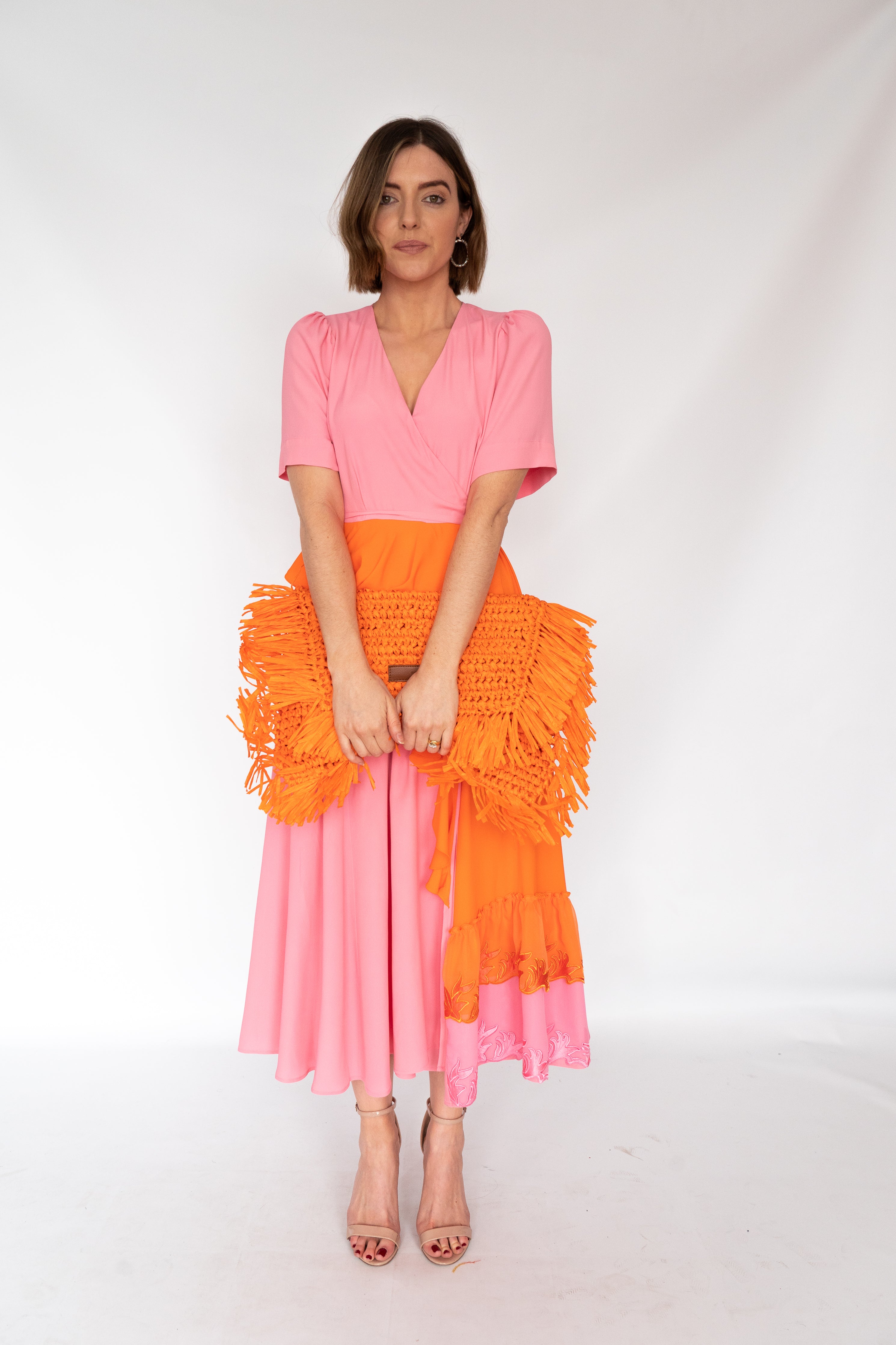 Beatrice B Orange Raffia Clutch Bag