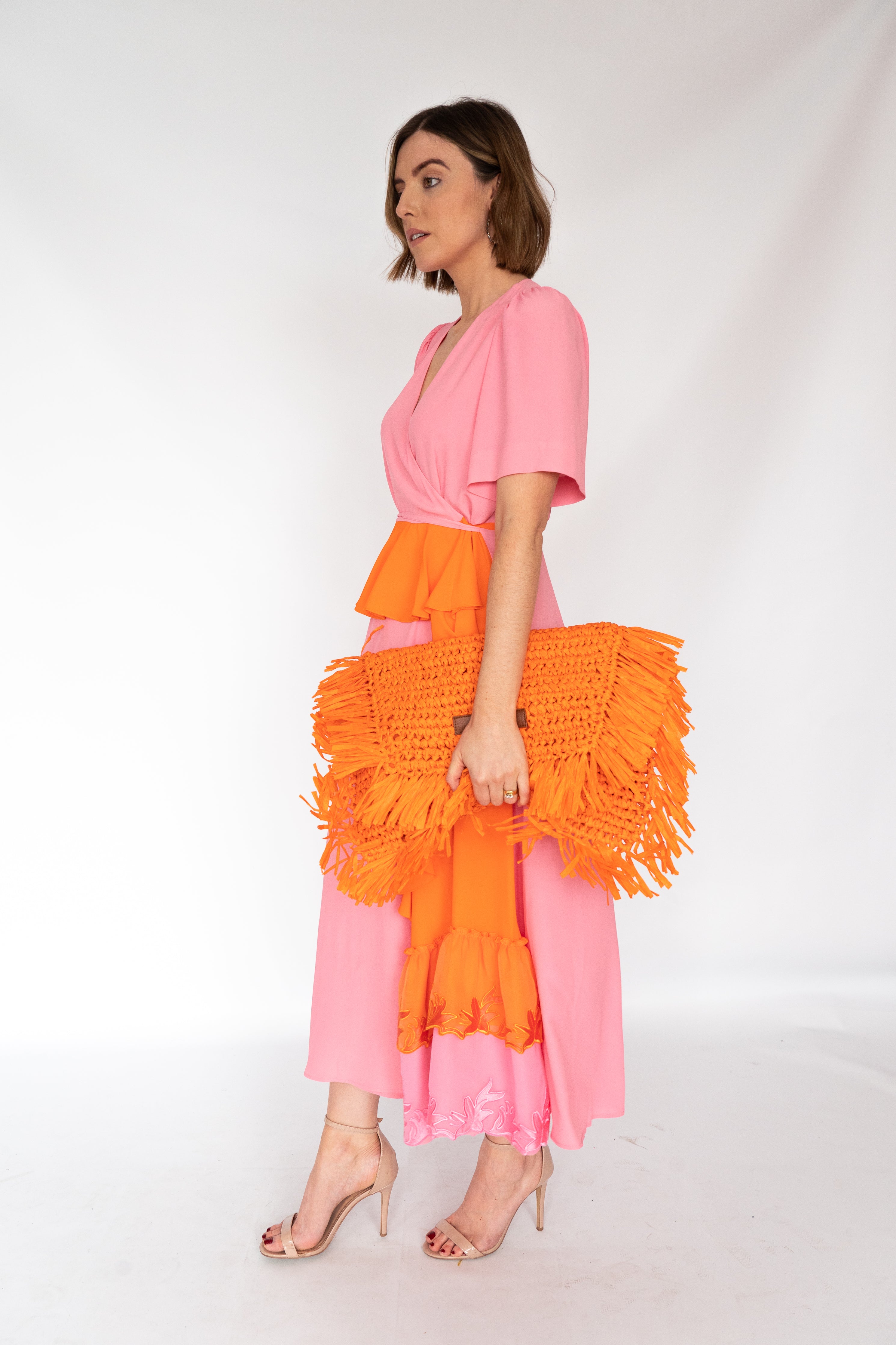 Beatrice B Orange Raffia Clutch Bag