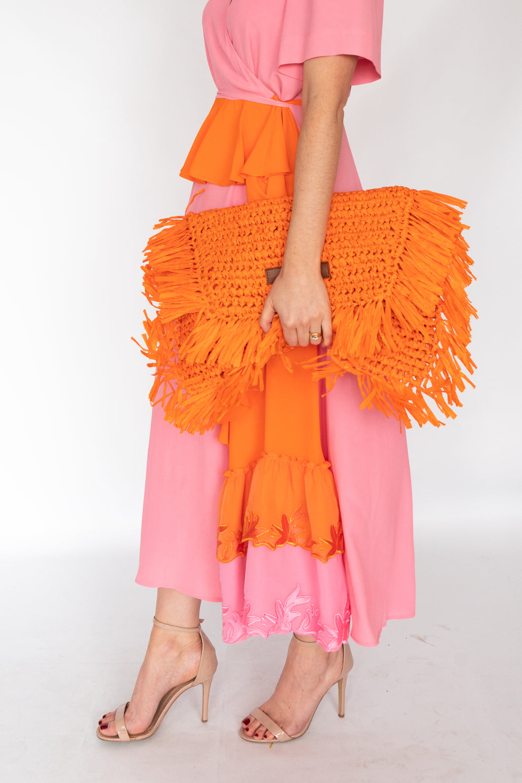 Beatrice B Orange Raffia Clutch Bag
