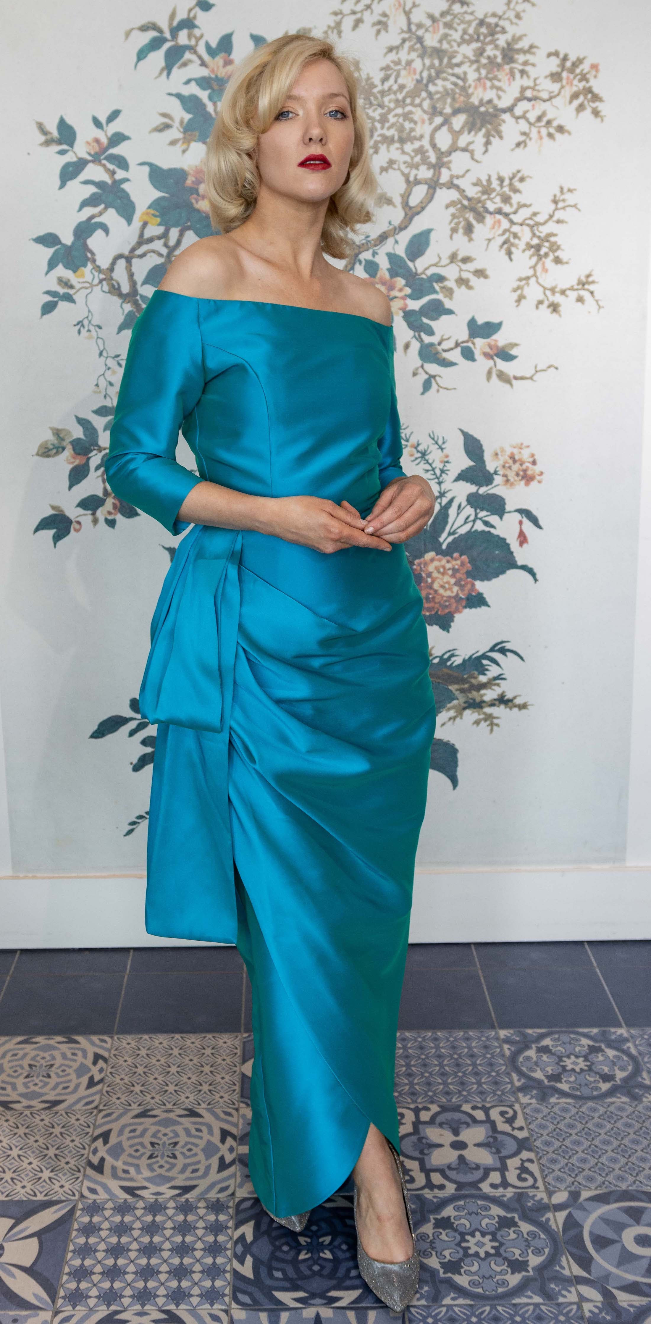 Ludmila Torquoise Silk Formal Couture Dress