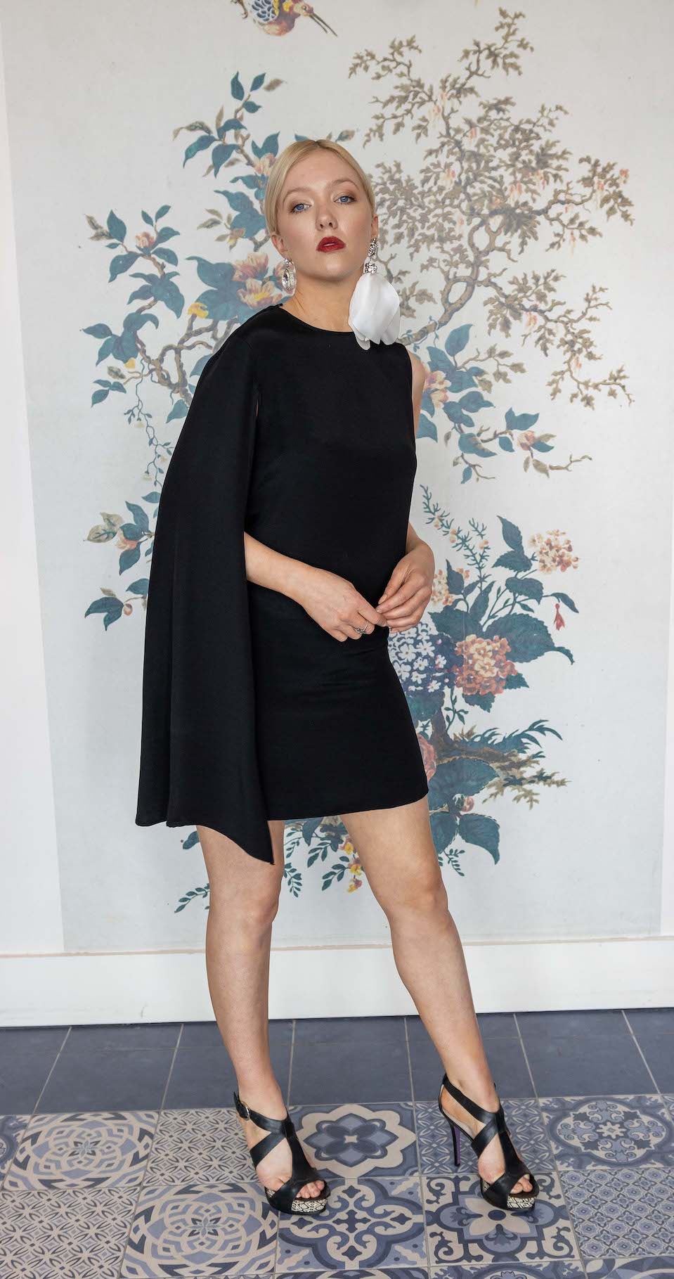 Cape Mini Dress in Black Crepe