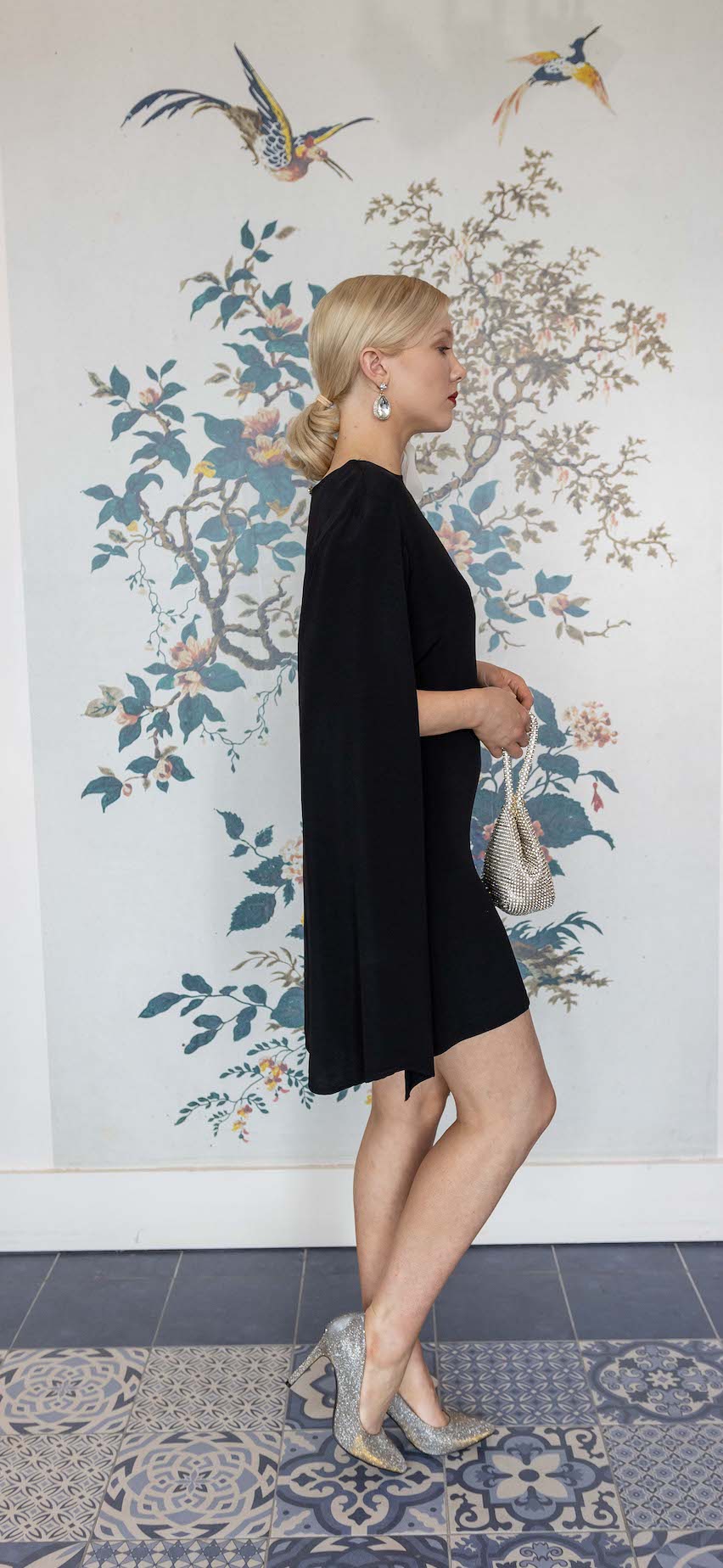 Cape Mini Dress in Black Crepe