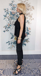 Silk Sleeveless Top with Layered Frill in Black