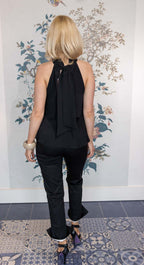 Silk Sleeveless Top with Layered Frill in Black