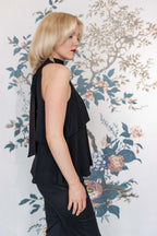 Silk Sleeveless Top with Layered Frill in Black