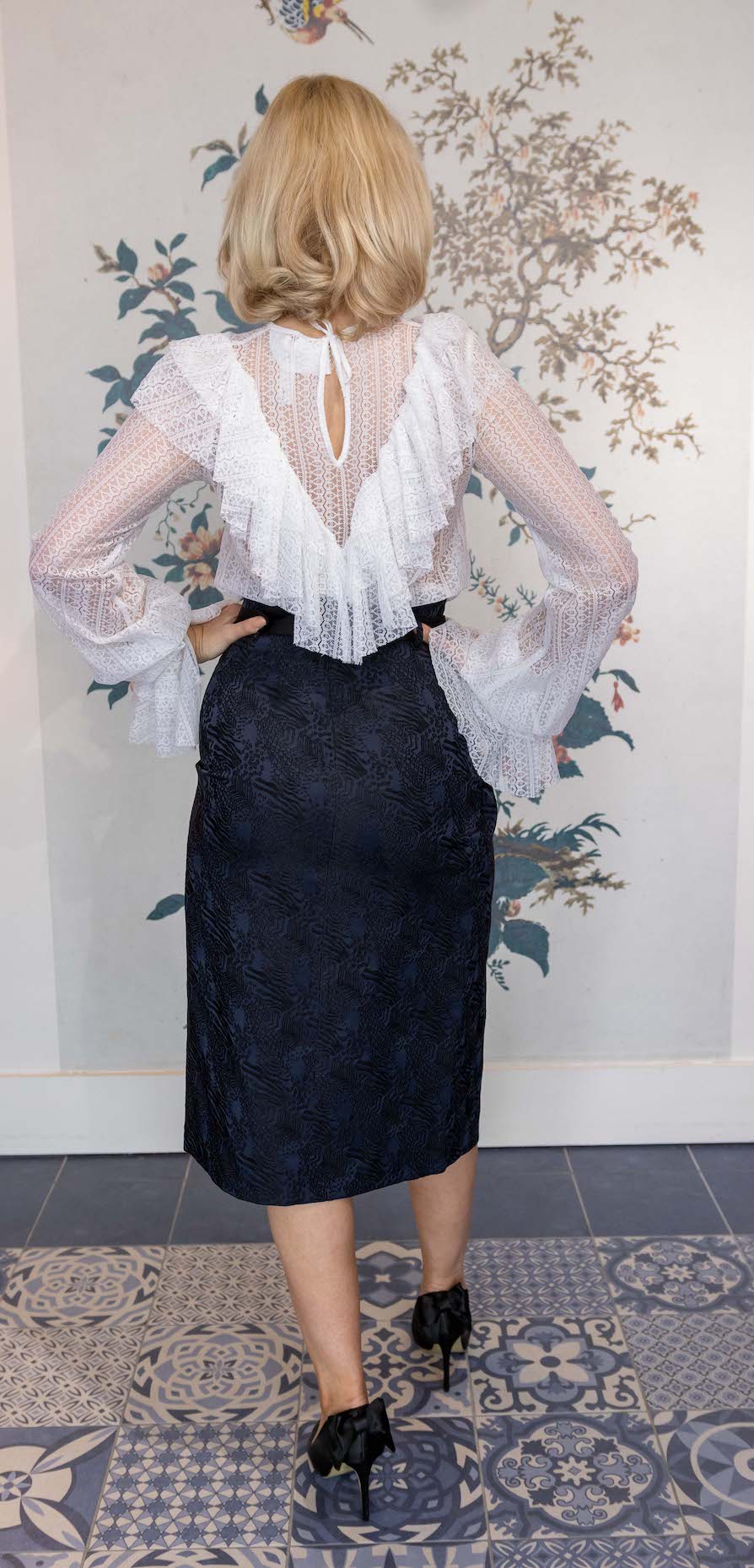 White All-Lace Long Sleeve Blouse with Frills