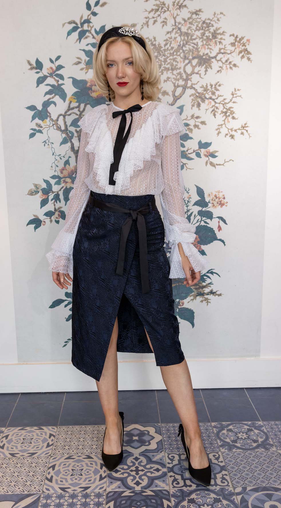 White All-Lace Long Sleeve Blouse with Frills