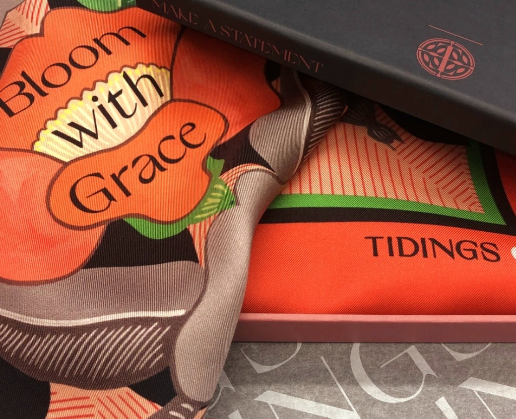 Tidings Classic Silk Scarf with "Bloom with Grace" in Orange