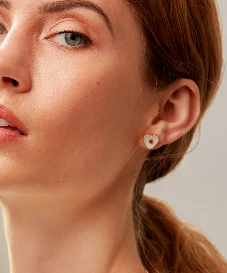 Ottoman Hands Mother of Pearl Heart Stud Earrings with Ruby Crystal
