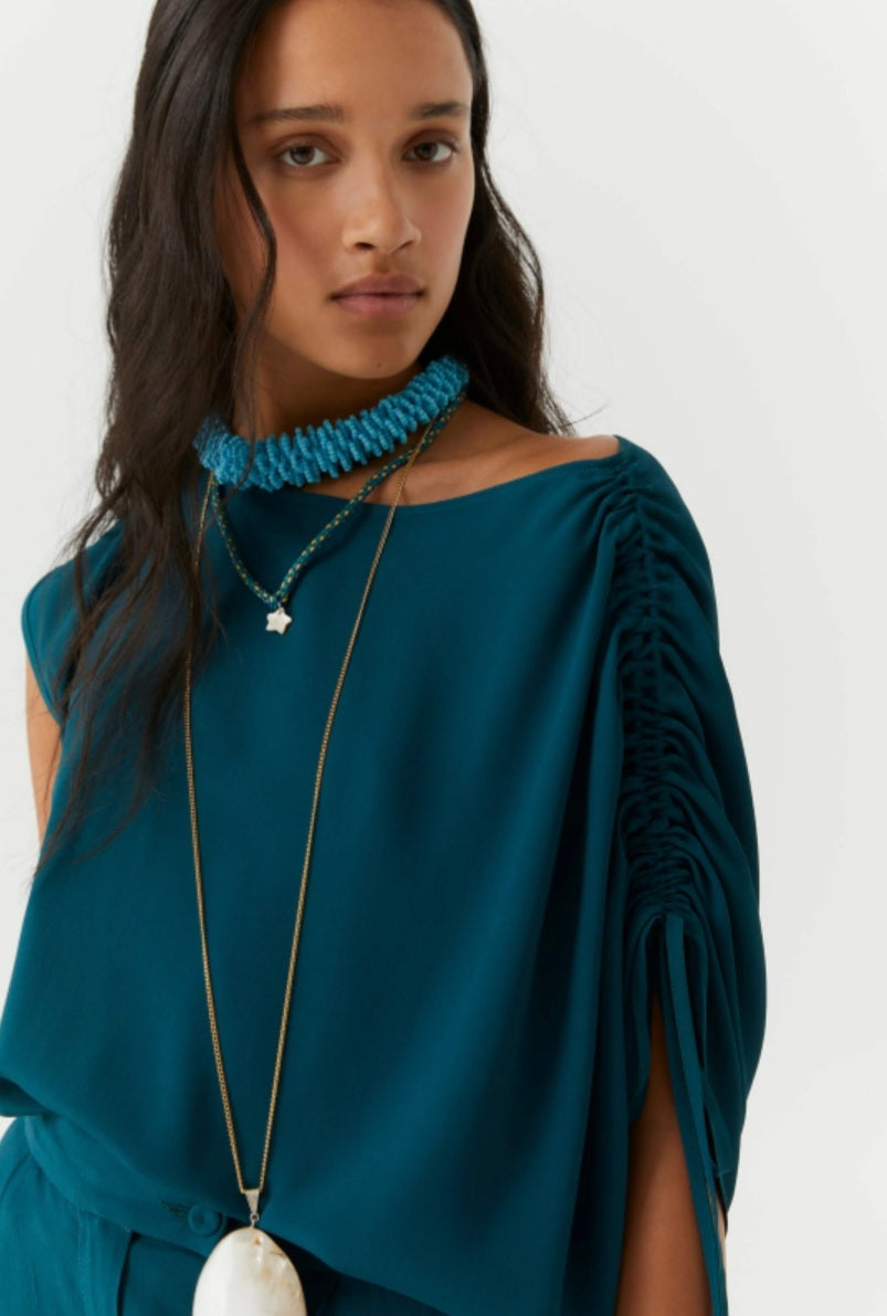 Beatrice B Teal Asymetric Silk Top