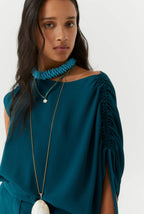 Beatrice B Teal Asymetric Silk Top