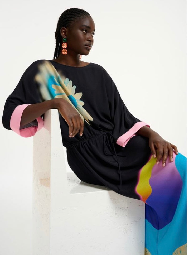 Essentiel Antwerp Black Kimono Dress with Floral Corsage