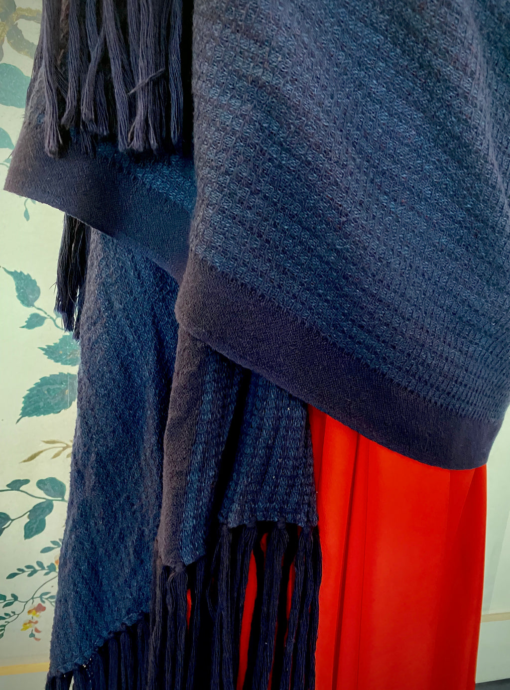 Navy Wool Blanket Scarf with Long Fringing