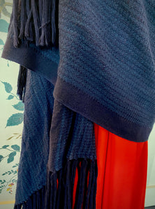 Navy Wool Blanket Scarf with Long Fringing