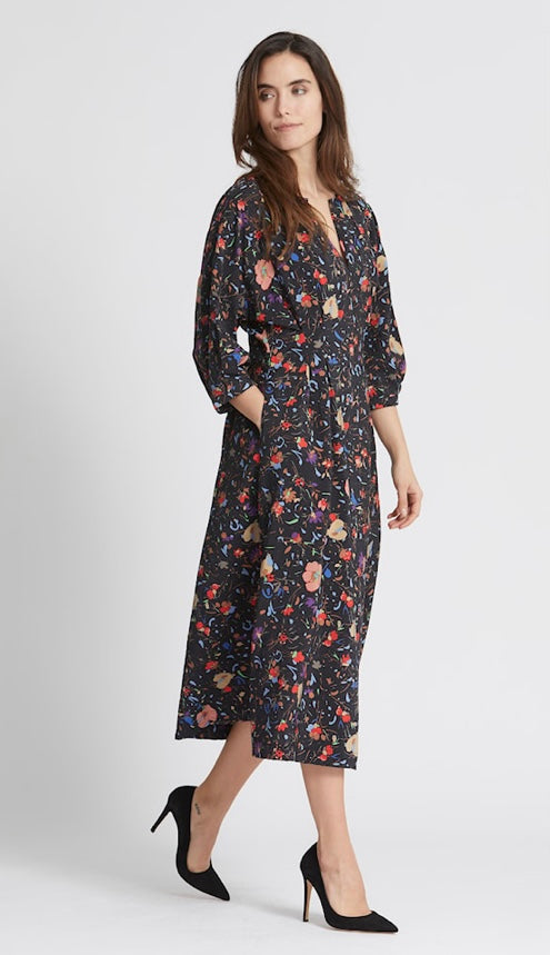 RDF Black Floral Print Midi Dress