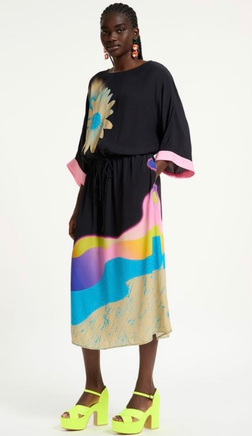 Essentiel Antwerp Black Kimono Dress with Floral Corsage