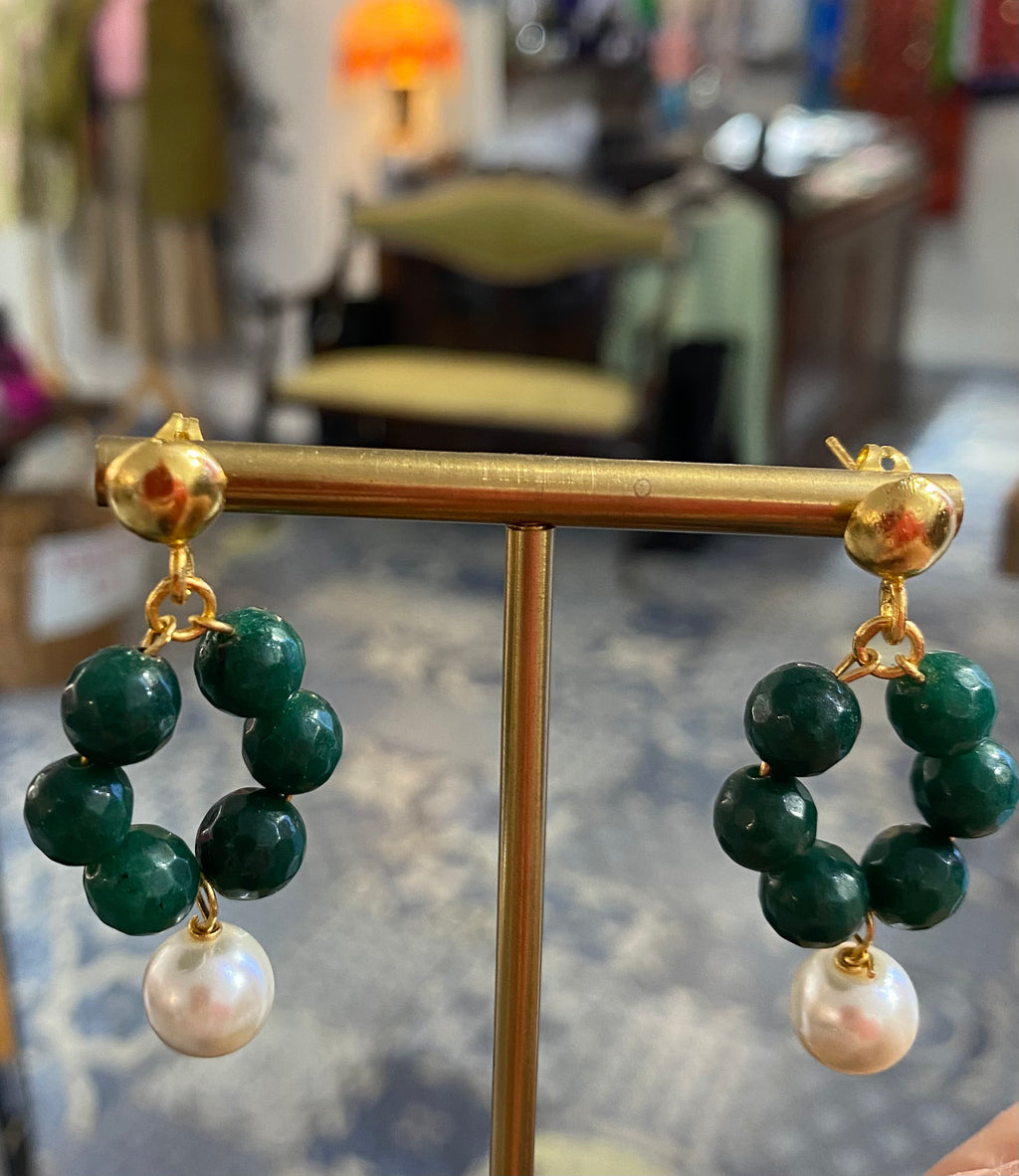 Ottoman Hands Green Jade & Pearl Hoop Earrings