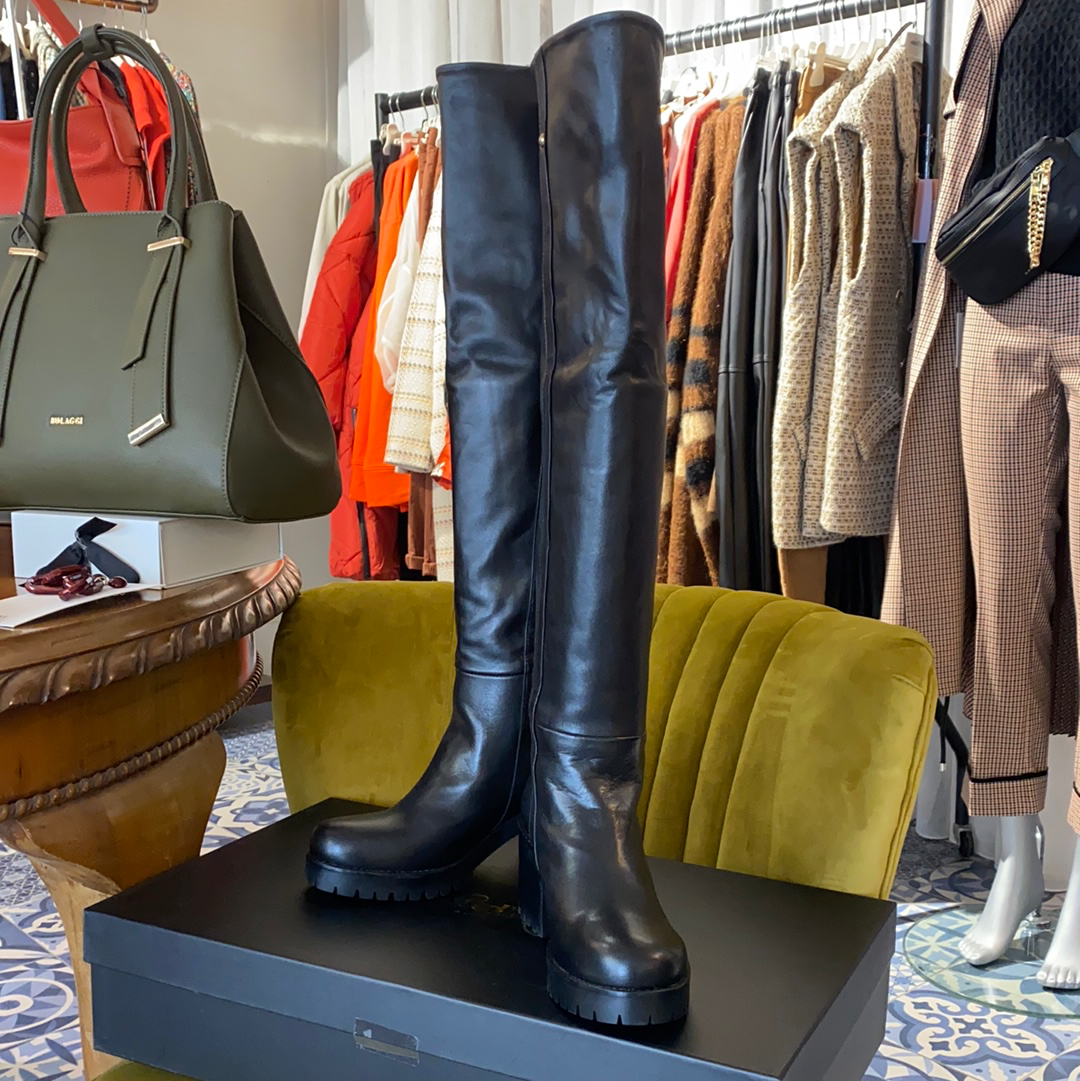 Ottodame Black Leather Over Knee Boots