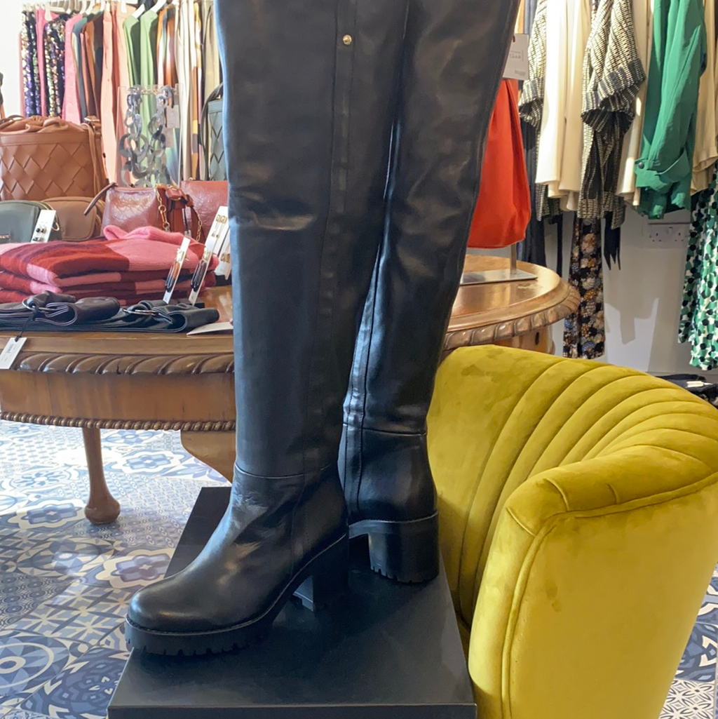 Ottodame Black Leather Over Knee Boots